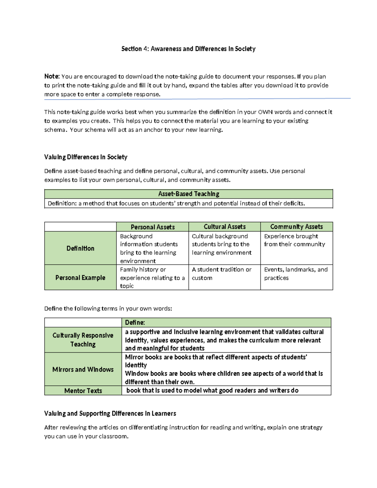 Section 4 - Section 4: Awareness and Differences in Society Note: You ...