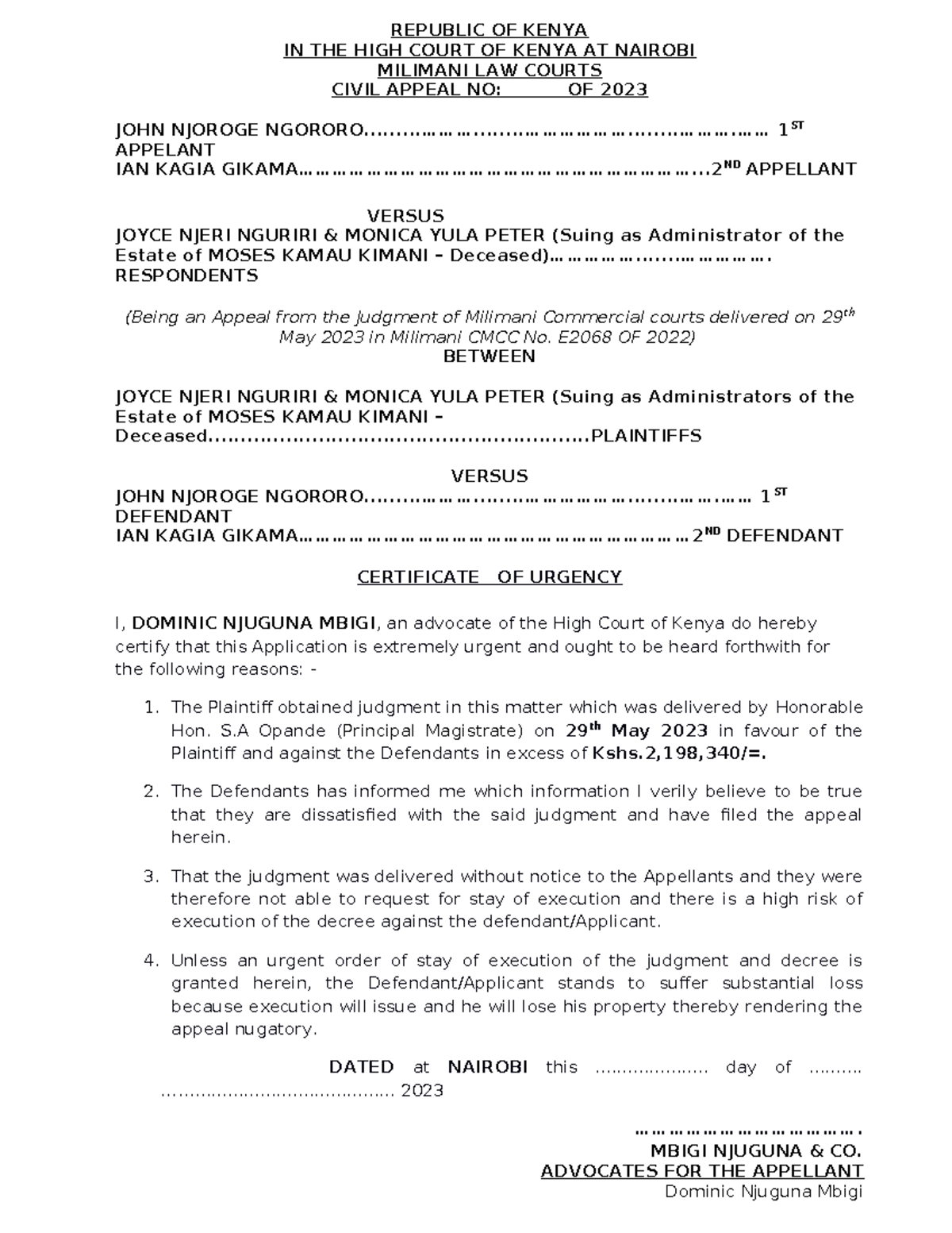 Application for Stay Pending Appeal in Civil Appeal No. 2023 - PCS 166C ...