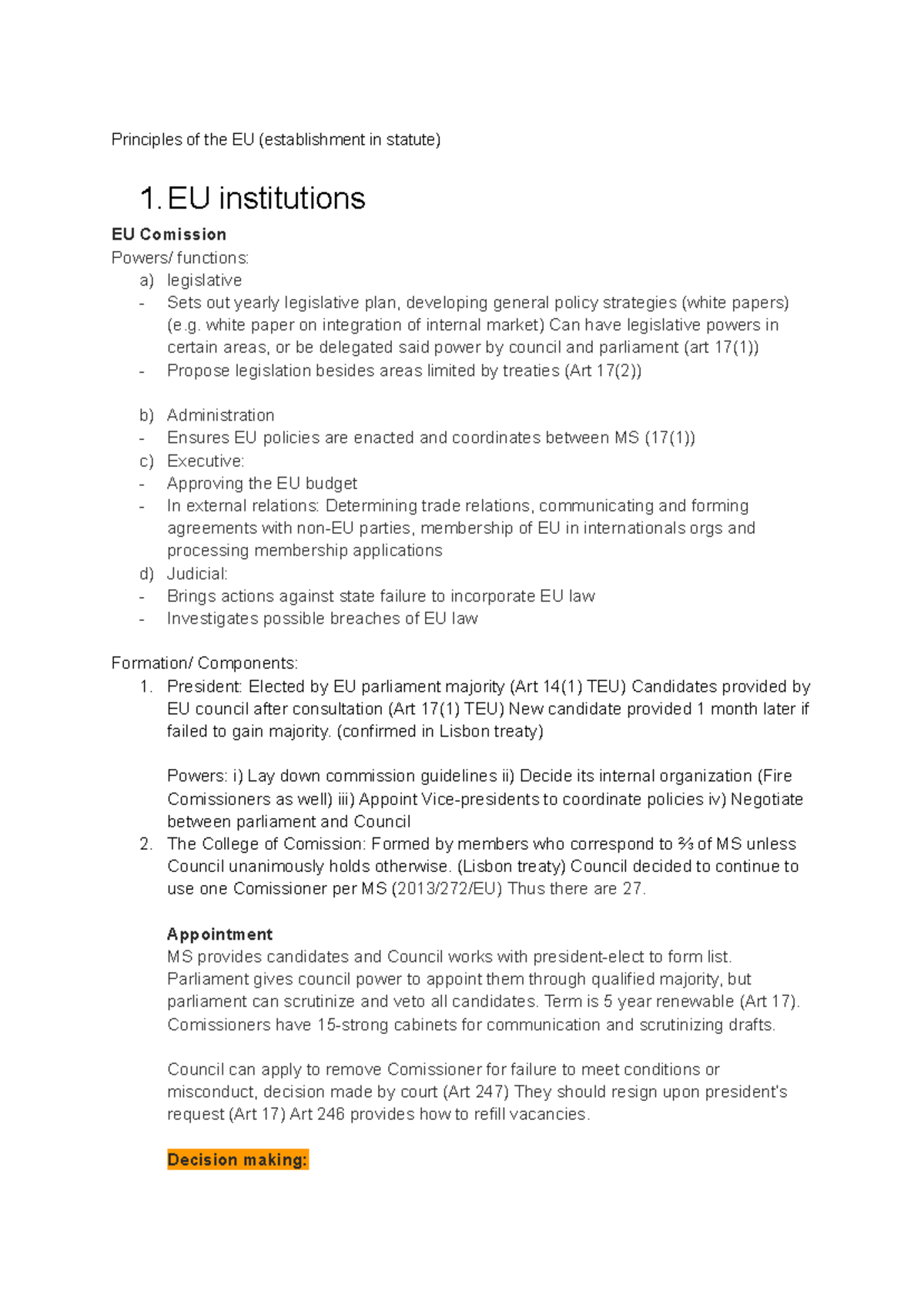 EU law Study Sheet - Summary European Law - Principles of the EU ...