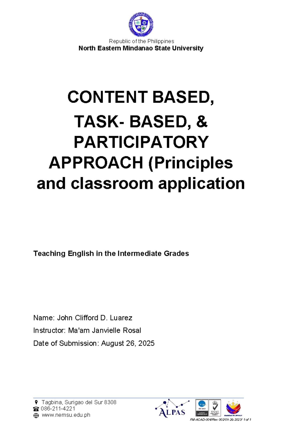 Teaching English in Intermediate Grades: CBI, TBLT & Participatory ...