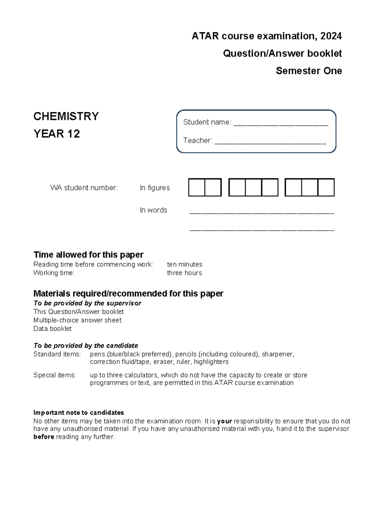 2024 ATAR Chemistry Year 12 Semester 1 Exam Guidelines and Structure ...
