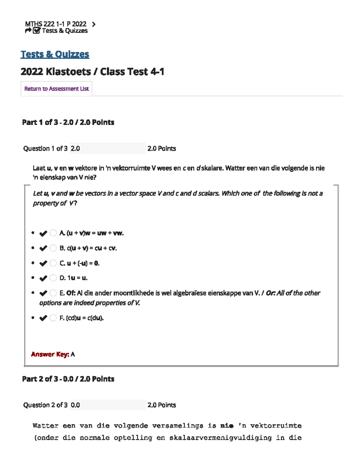 MTHS 222 Linear Algebra Class Test 4-1 Questions & Answers - Studocu