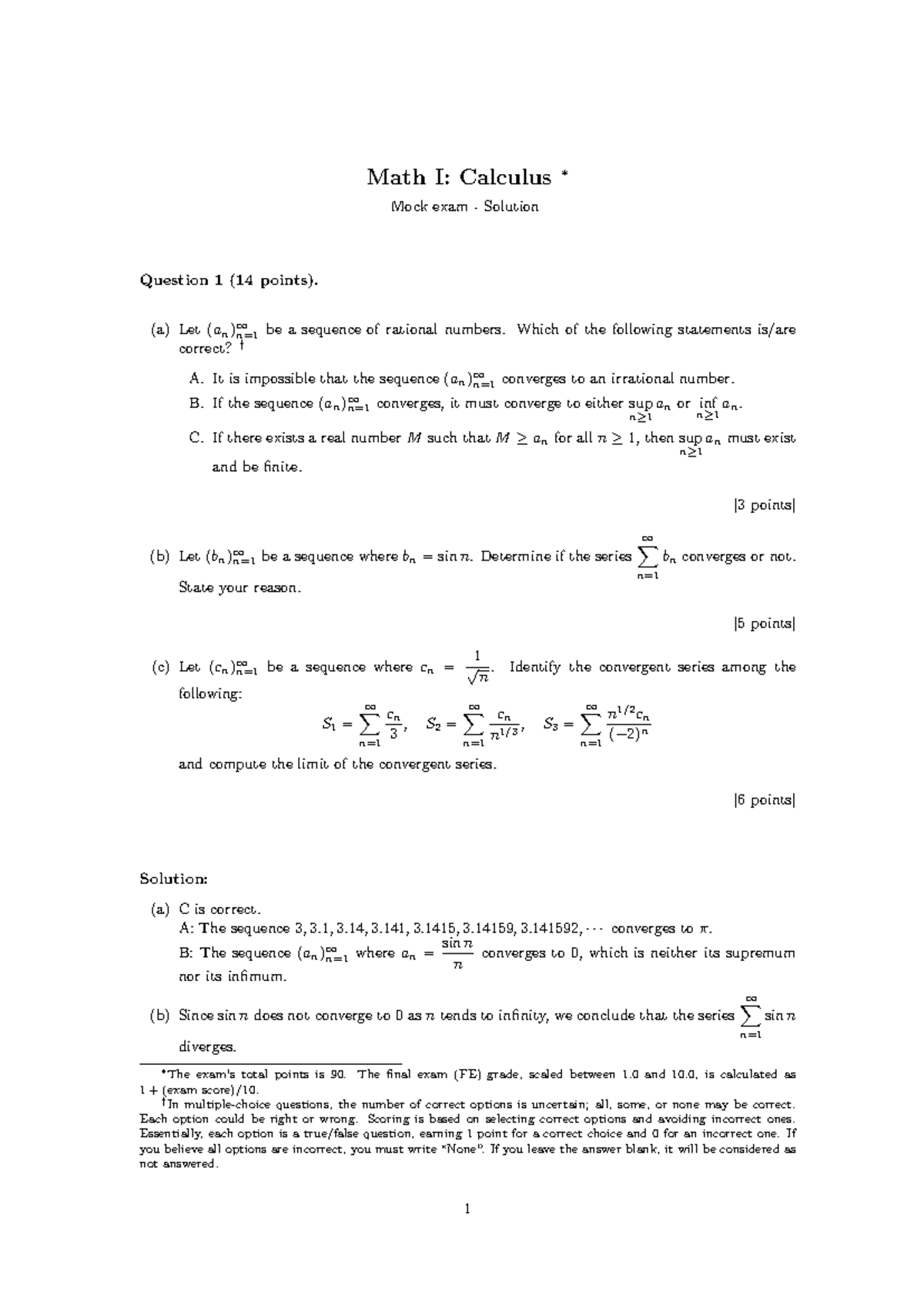 Math I: Calculus Mock Exam Solutions and Explanations - Studeersnel