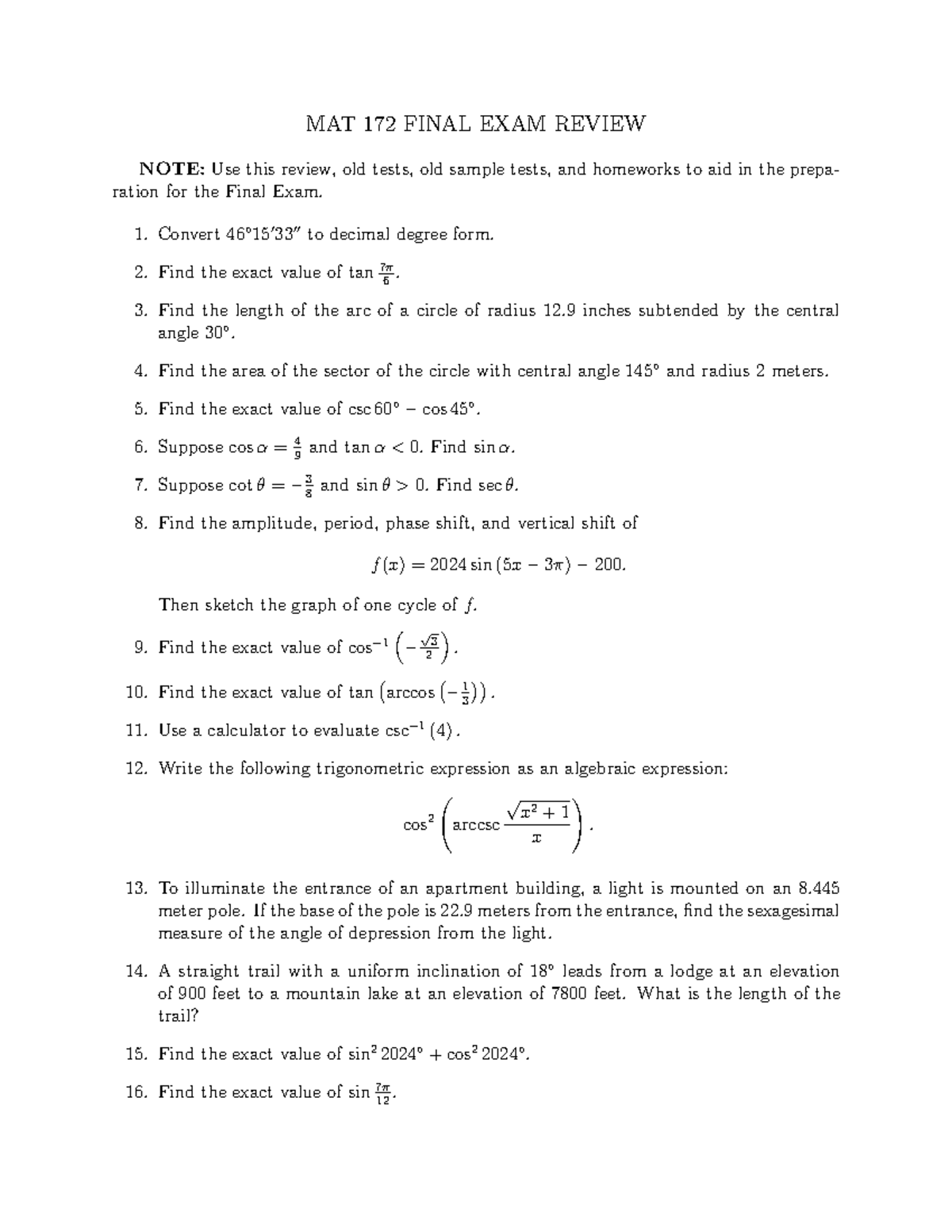 MAT 172 Final Exam Review - Studocu