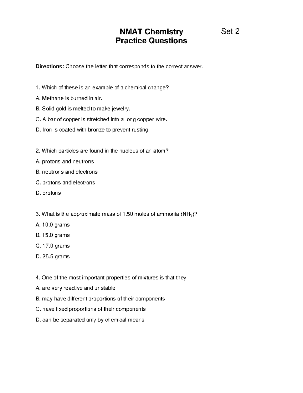 NMAT Chemistry Practice Questions Set 2: Comprehensive Review - Studocu