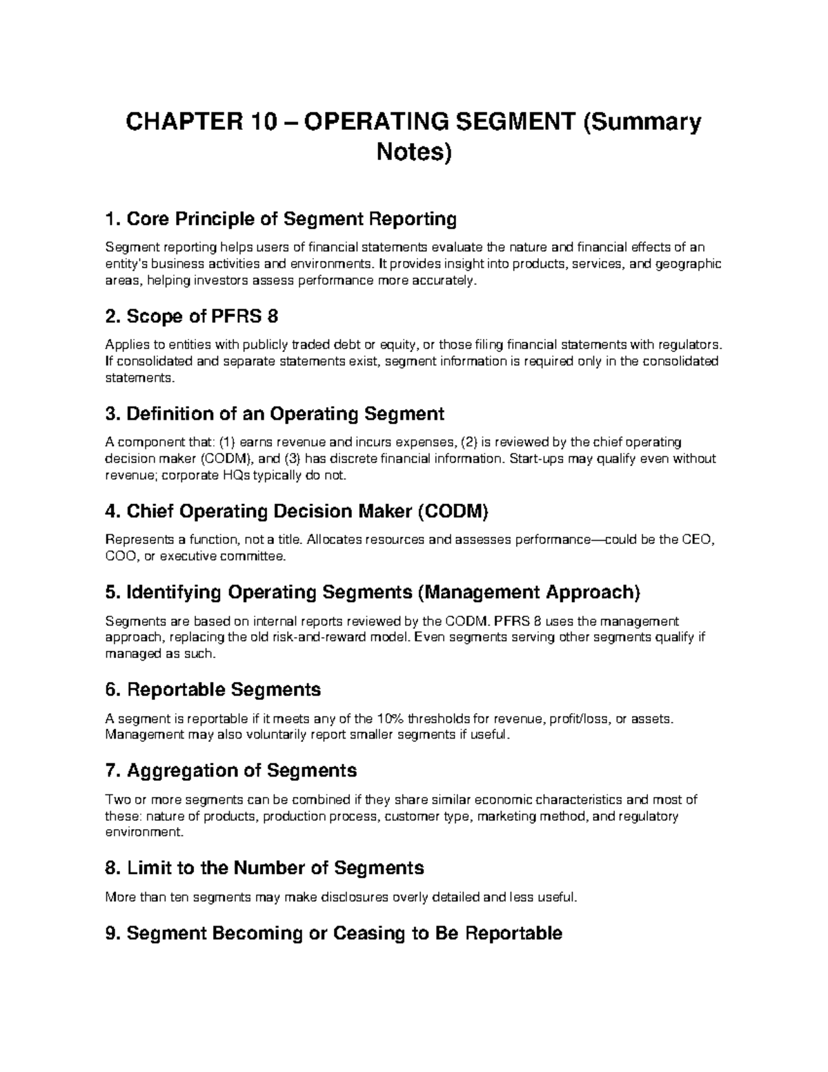 CHAPTER 10: OPERATING SEGMENT SUMMARY NOTES (PFRS 8) - Studocu