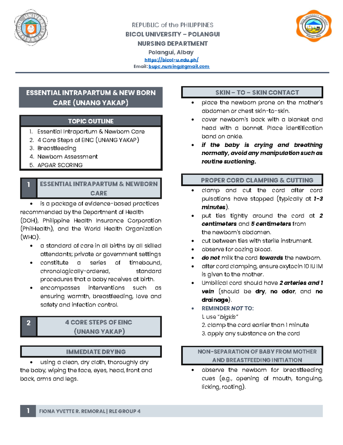 EINC (UNANG YAKAP) Essential Intrapartum Newborn Care Guide - Studocu