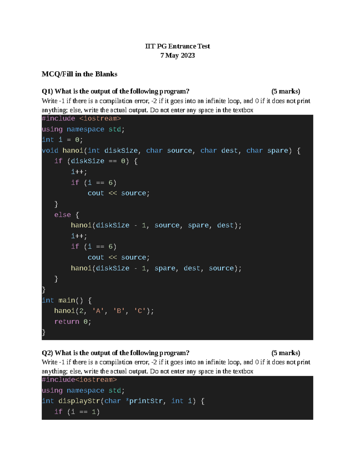 2023 Question Paper programming test - IIT PG Entrance Test 7 May 2023 ...