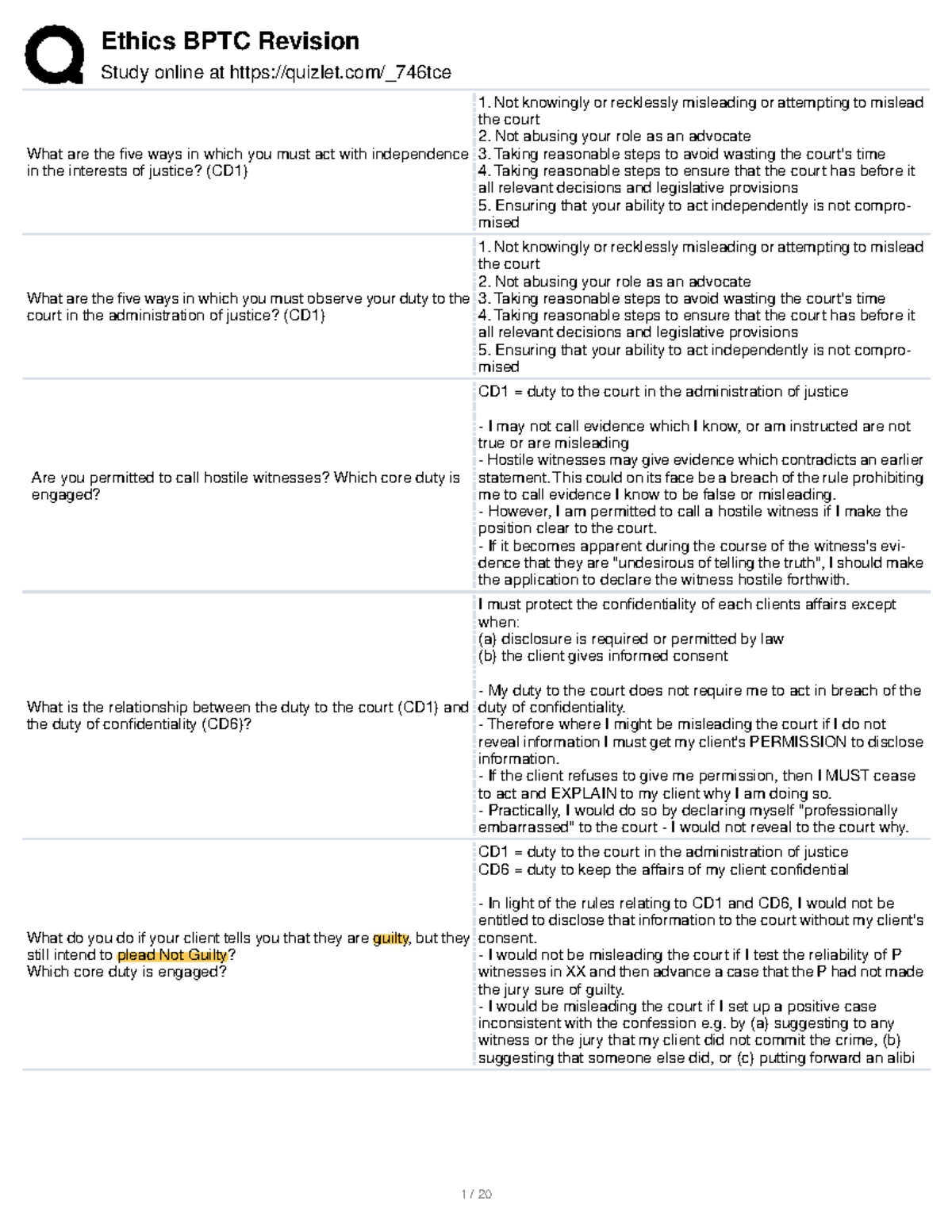 Ethics BPTC Revision Study Guide (CD1) - Key Duties and ...