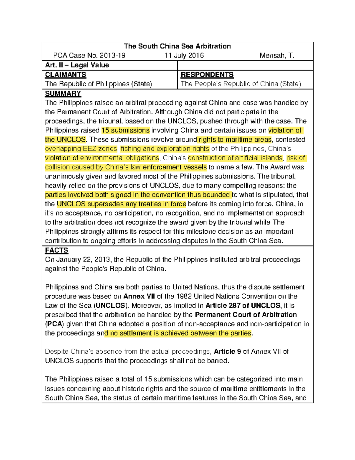 South China Sea Arbitration Case Digest - PCA Case No. 2013-19 - Studocu