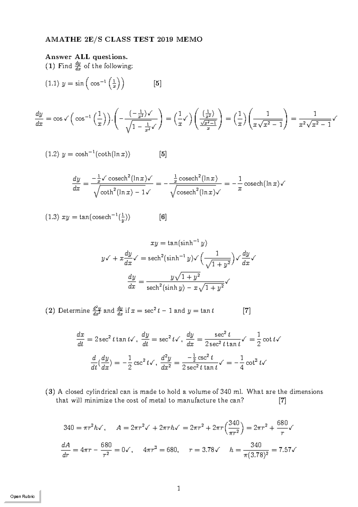 Maths 2 Class Test 2019 Memo: Answer Key and Solutions - Studocu