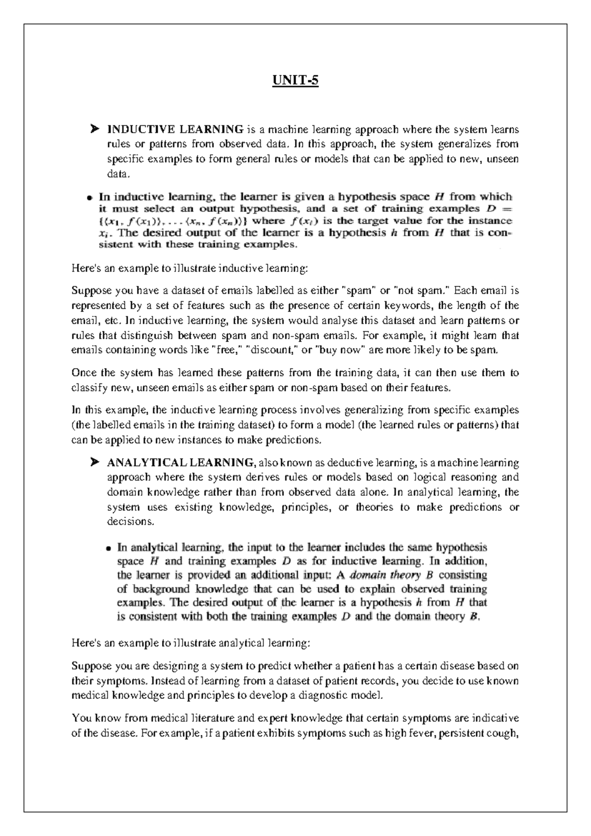 ML Lecture Notes: Inductive and Analytical Learning (Unit-5) - Studocu