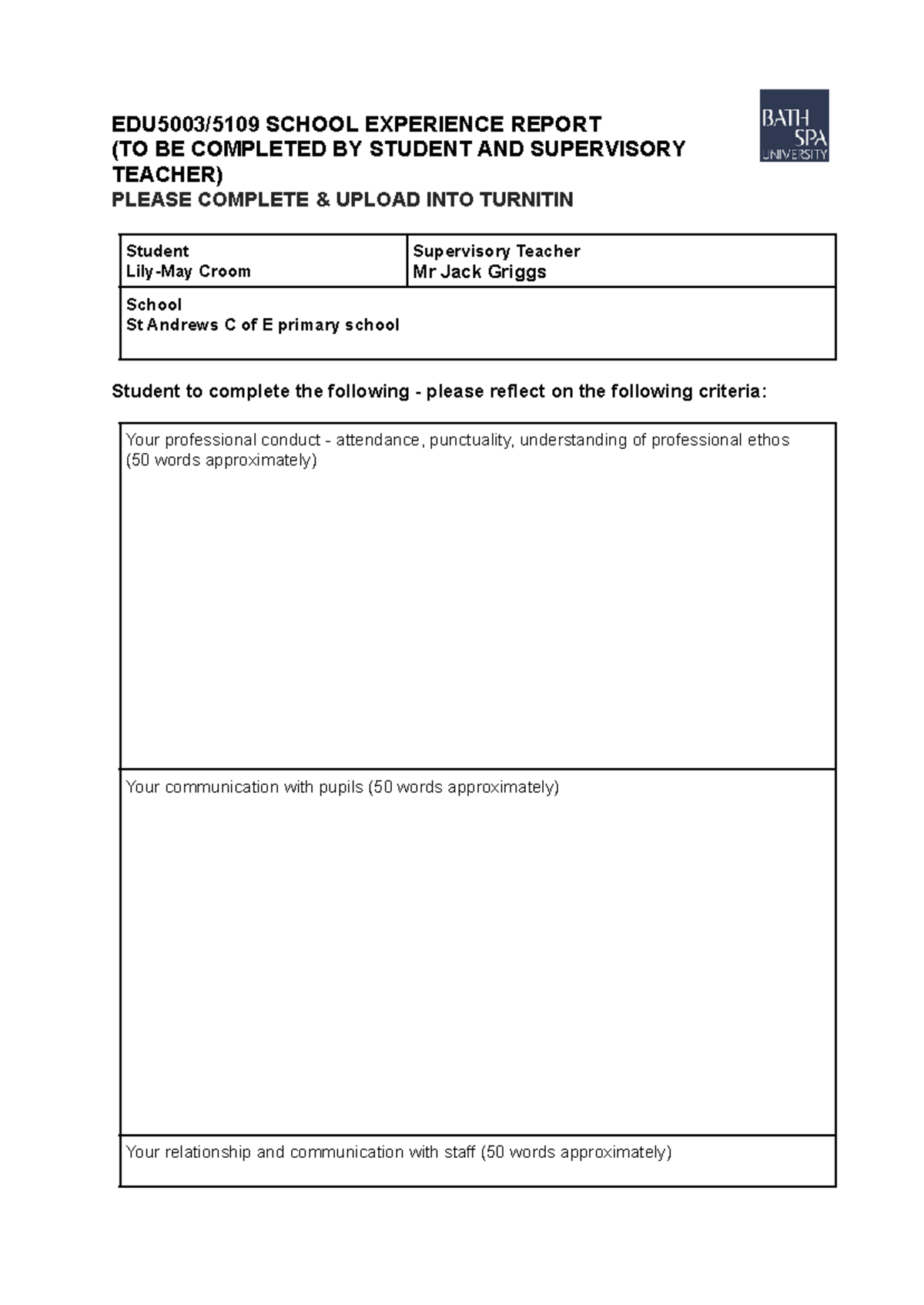 EDU5003/5109 School Experience Report by Lily-May Croom - Studocu