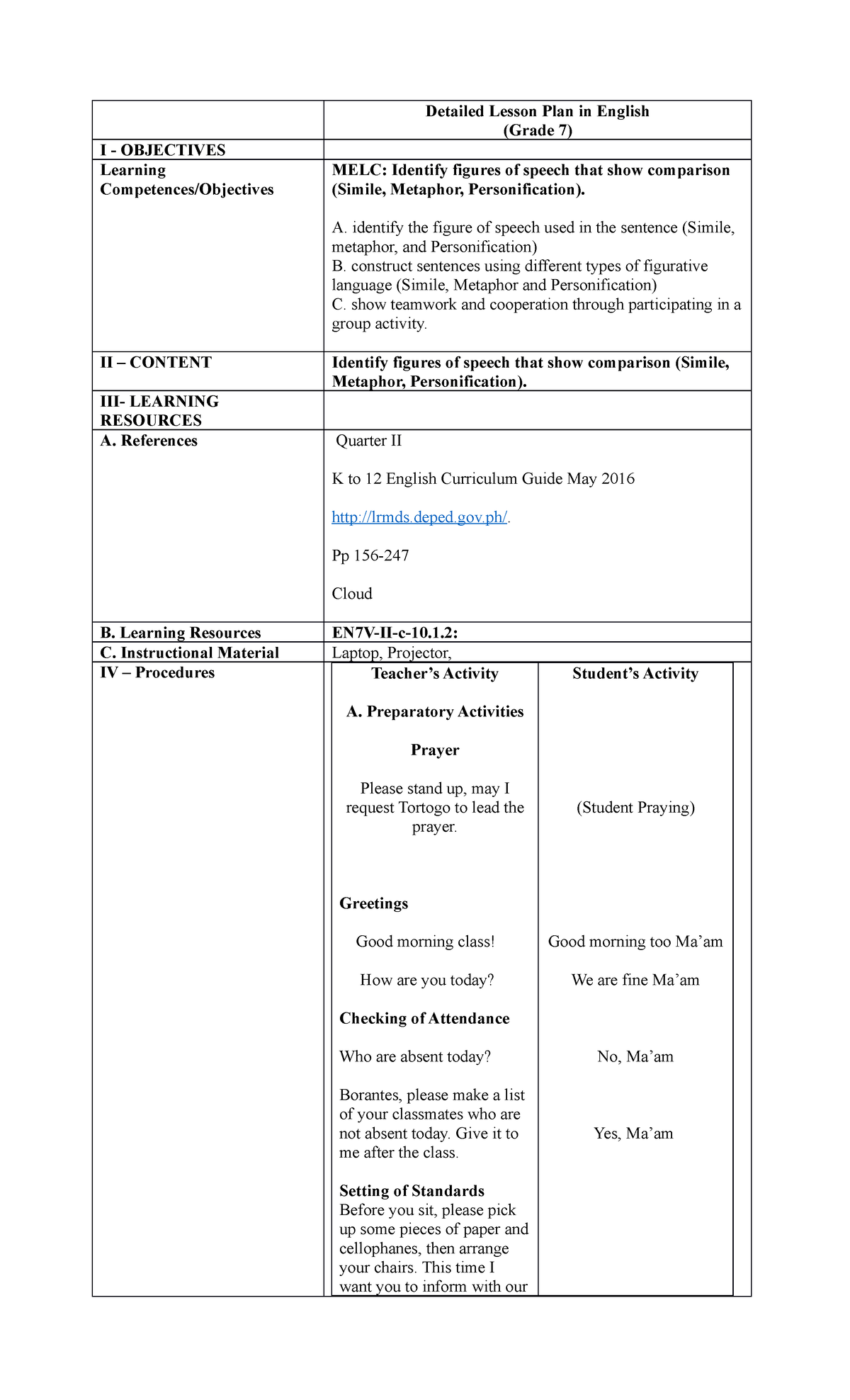 Detailed Lesson Plan for Grade 7 English: Figures of Speech (LP Q2 ...