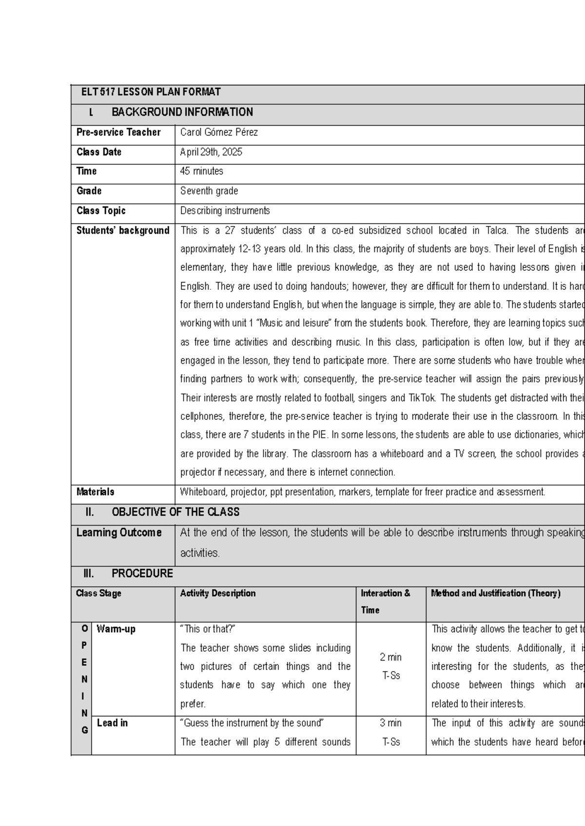 ELT 517 LESSON PLAN: DESCRIBING INSTRUMENTS FOR SEVENTH GRADE - Studocu