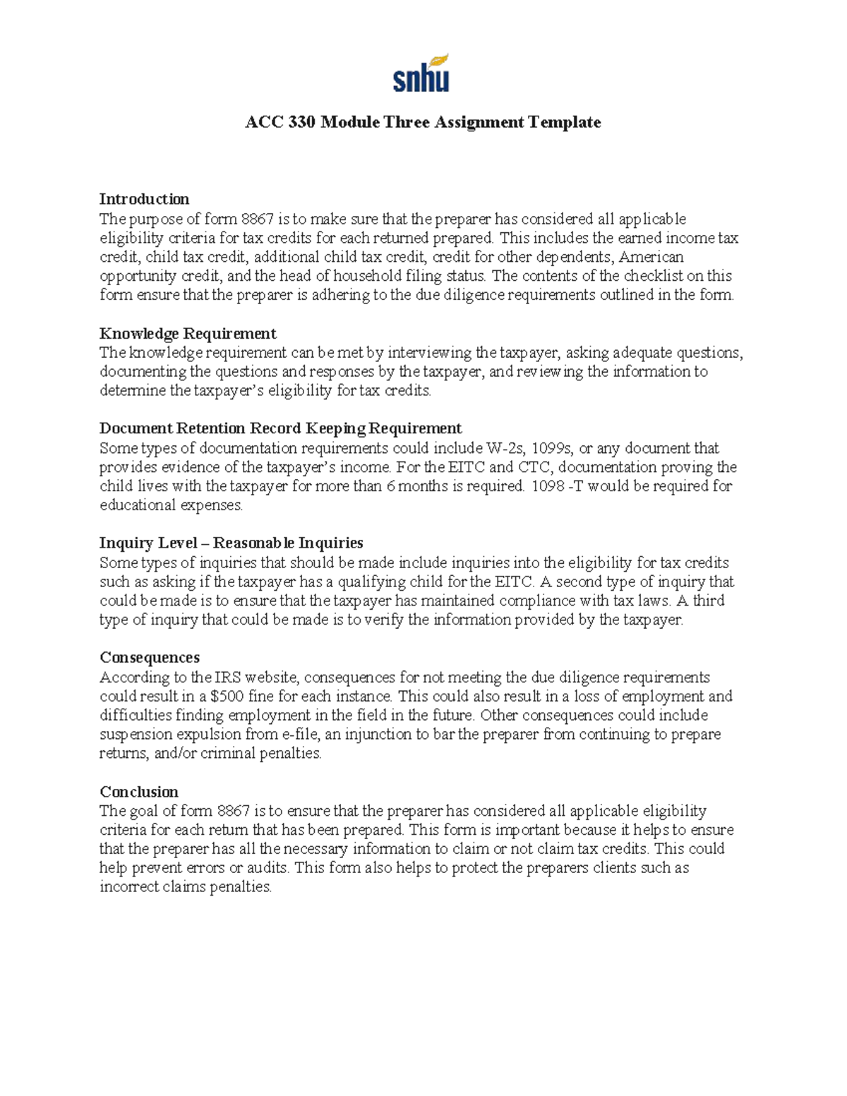 ACC 330 Module 3 Assignment: Understanding Form 8867 and Tax Credits ...