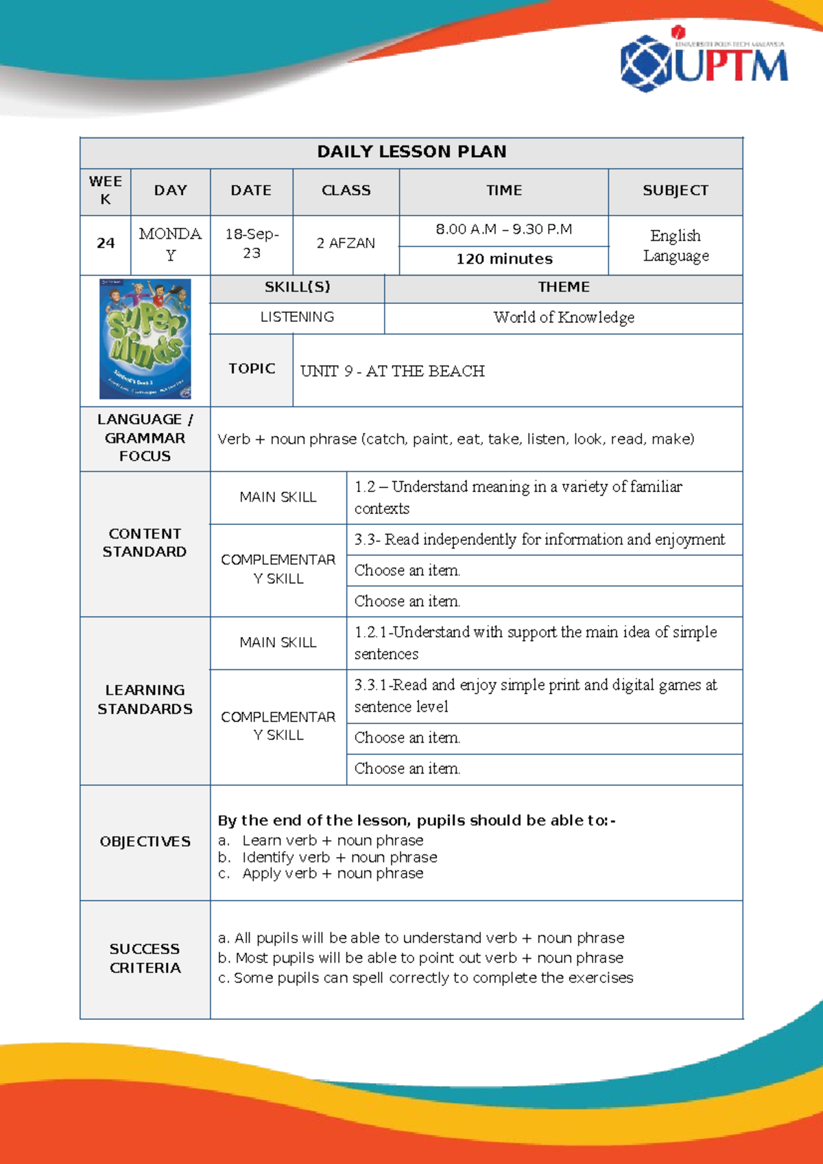LP Monday - lesson plan - DAILY LESSON PLAN WEE K DAY DATE CLASS TIME ...