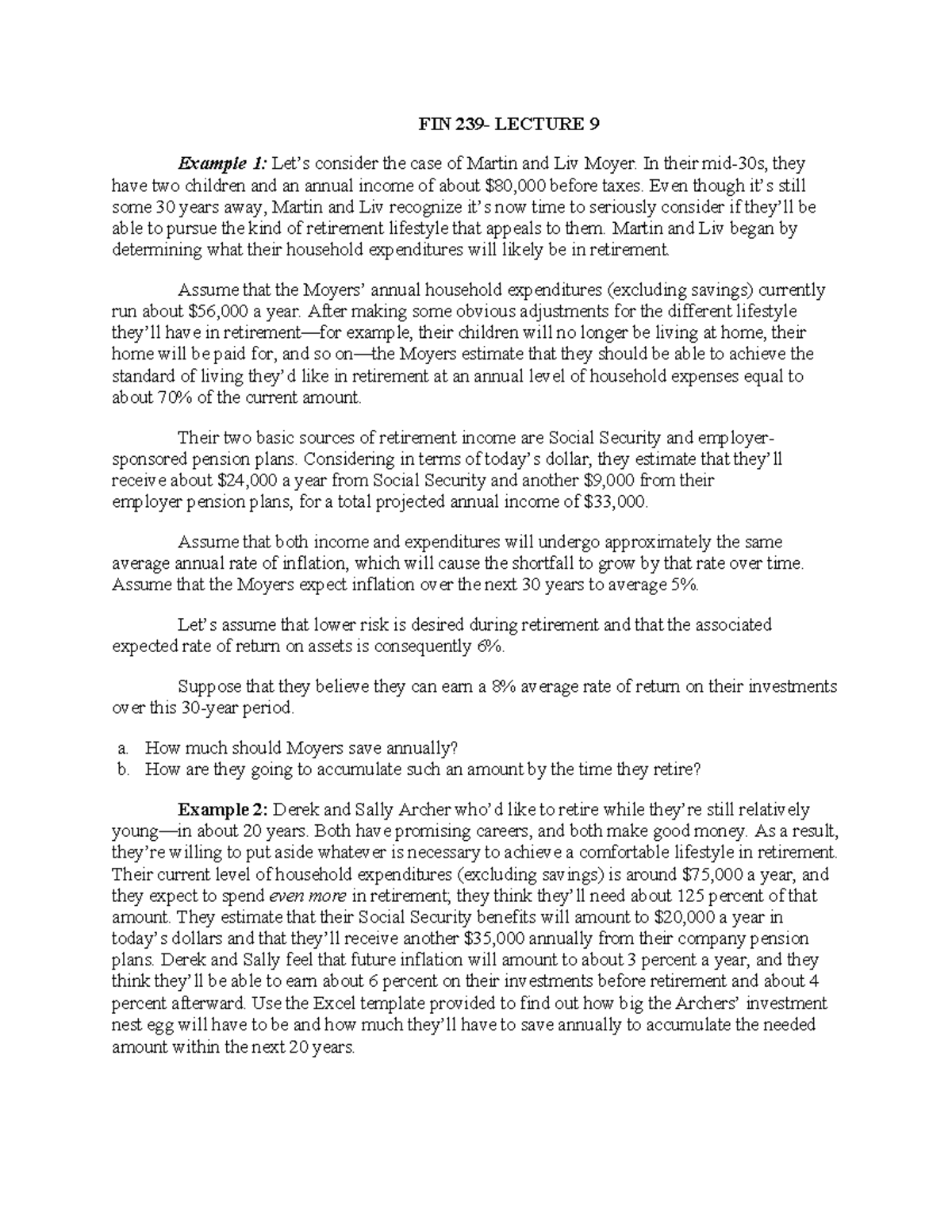 FIN LECTURE 9: Retirement Planning Examples for Martin & Liv, Derek ...