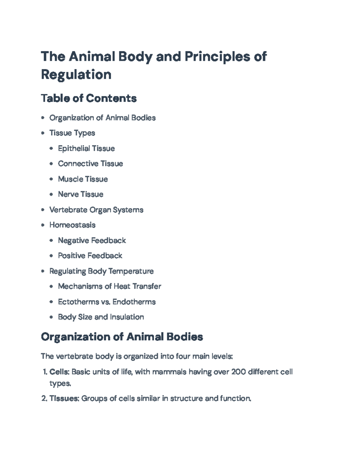 Principles of Animal Body Organization & Regulation: Key Concepts - Studocu