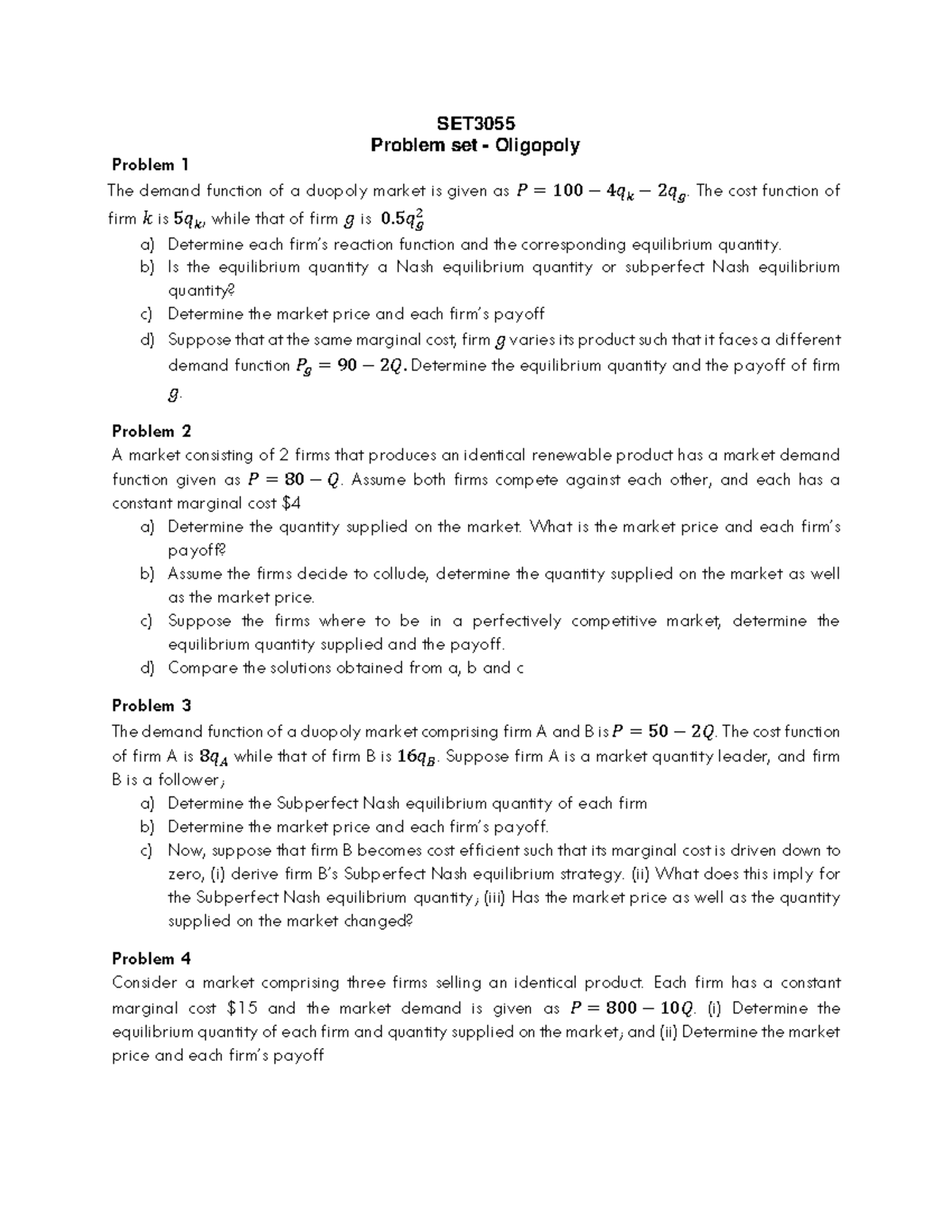 Oligopoly Problem Set: Practice Questions & Solutions for Economics ...