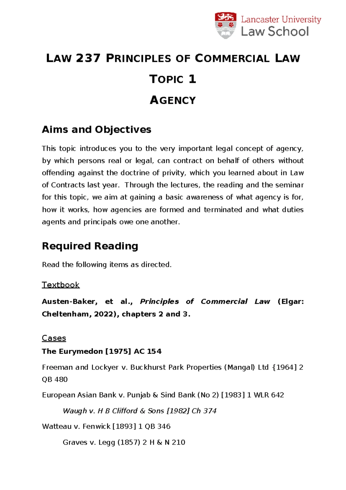 LAW 237 Seminar Notes: Understanding Agency Principles and Cases - Studocu