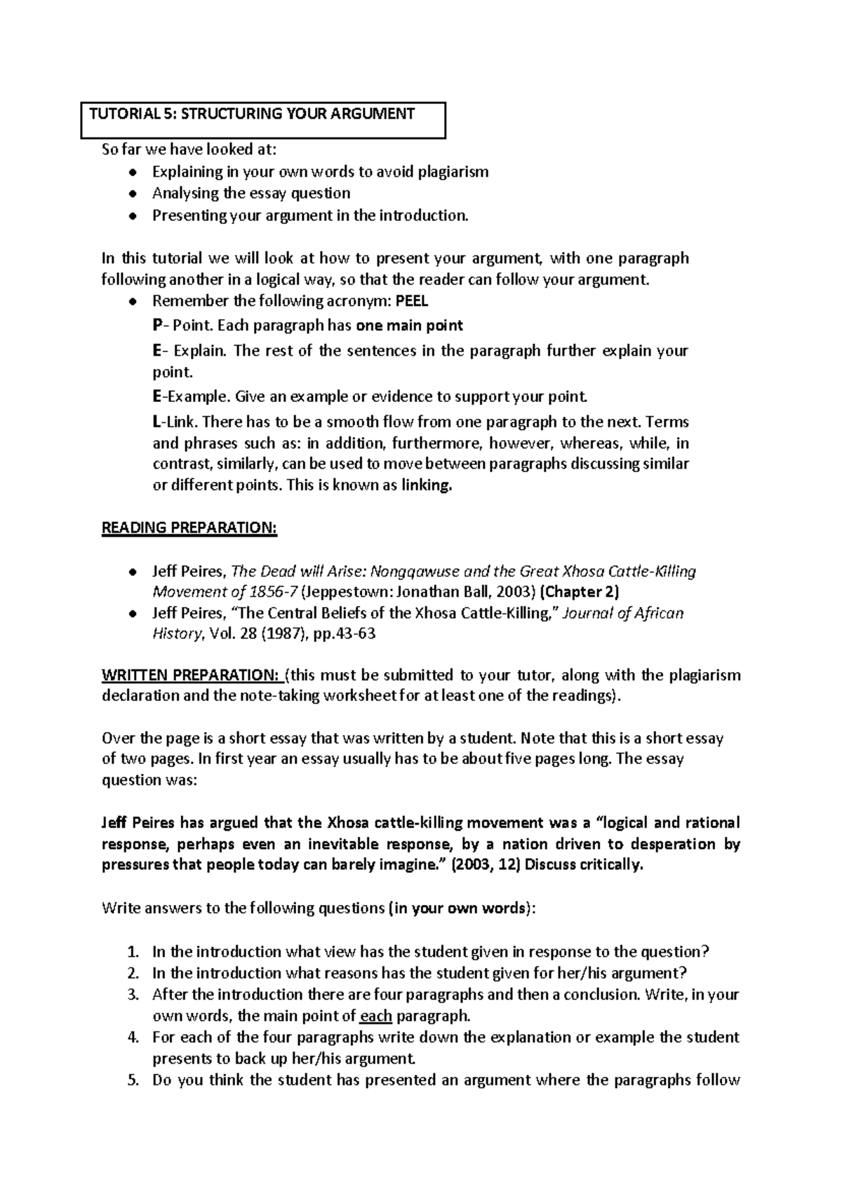 TUTORIAL 5: STRUCTURING YOUR ARGUMENT IN ESSAYS AND ANALYSES - Studocu