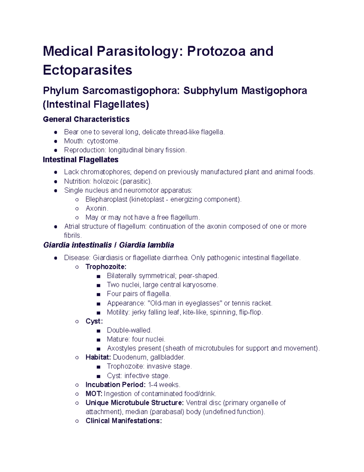 Medical Parasitology Notes: Protozoa & Ectoparasites Overview - Studocu
