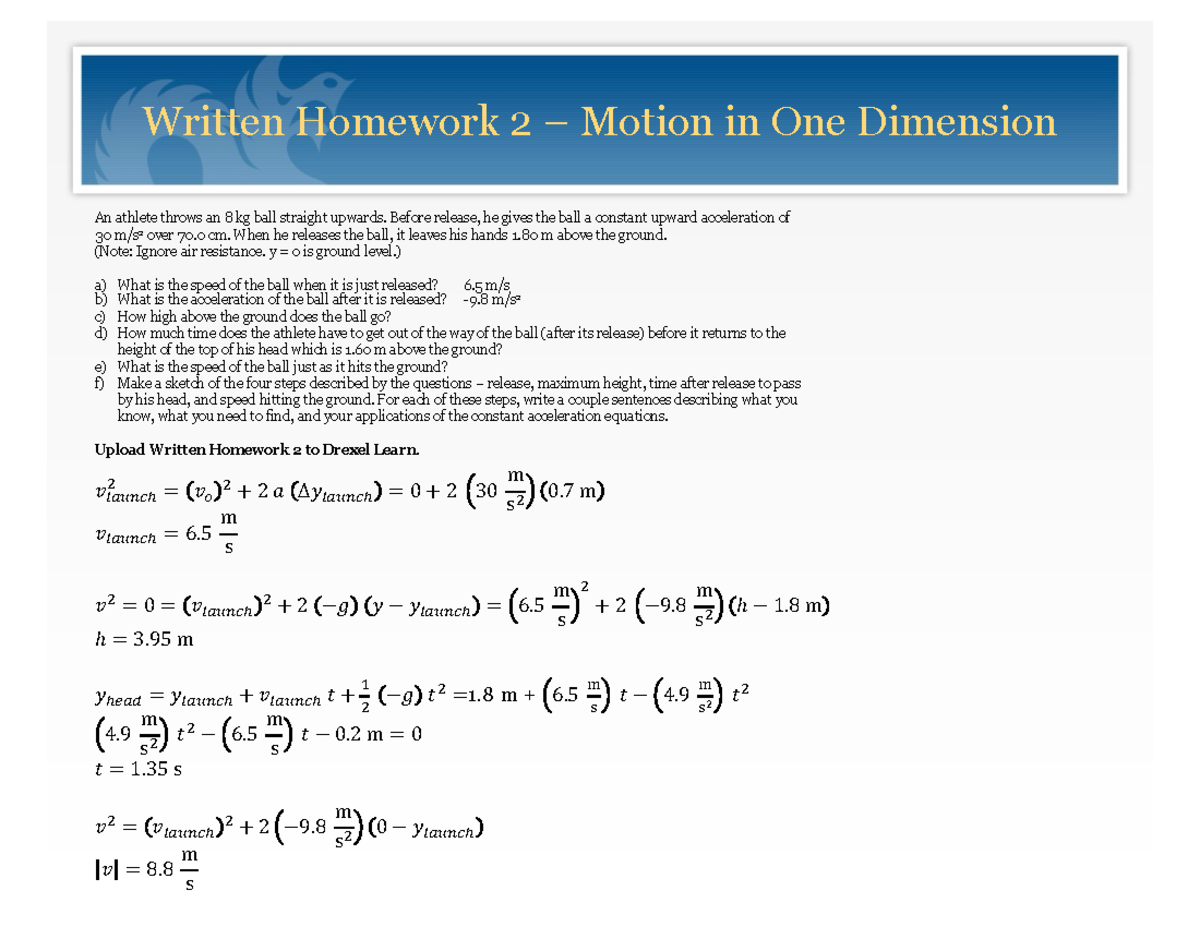 HW 2 011225 Motion in One Dimension - Detailed Solutions - Studocu