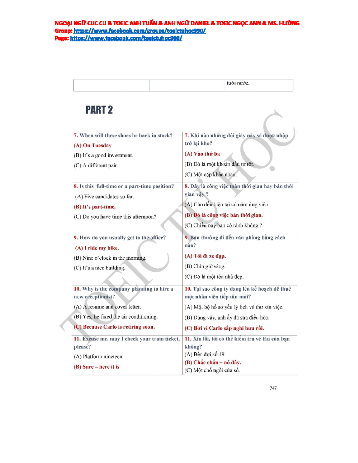 TOEIC Part 2 Practice Questions and Answers - Study Guide - Studocu
