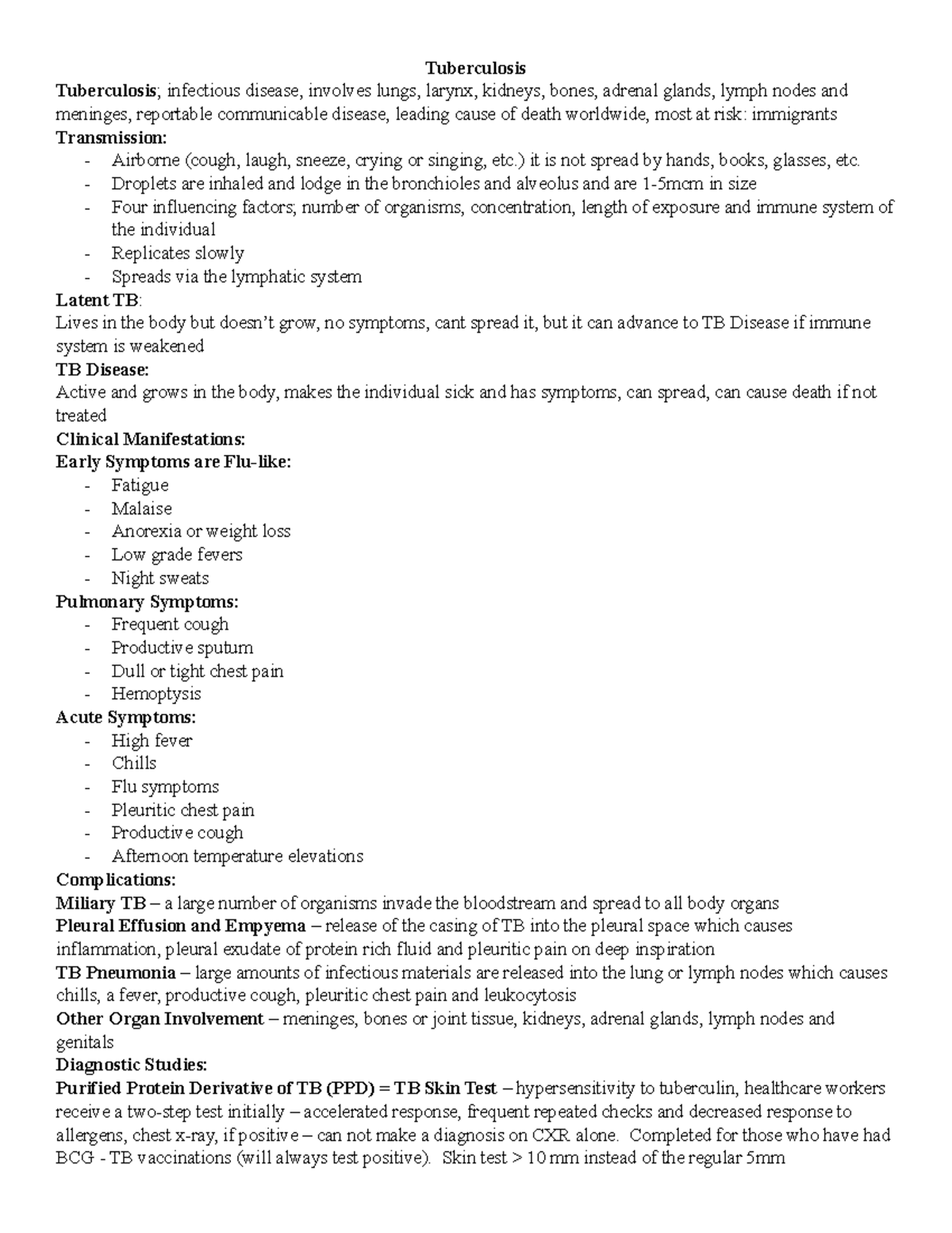 Tuberculosis Notes - Tuberculosis Tuberculosis; infectious disease ...