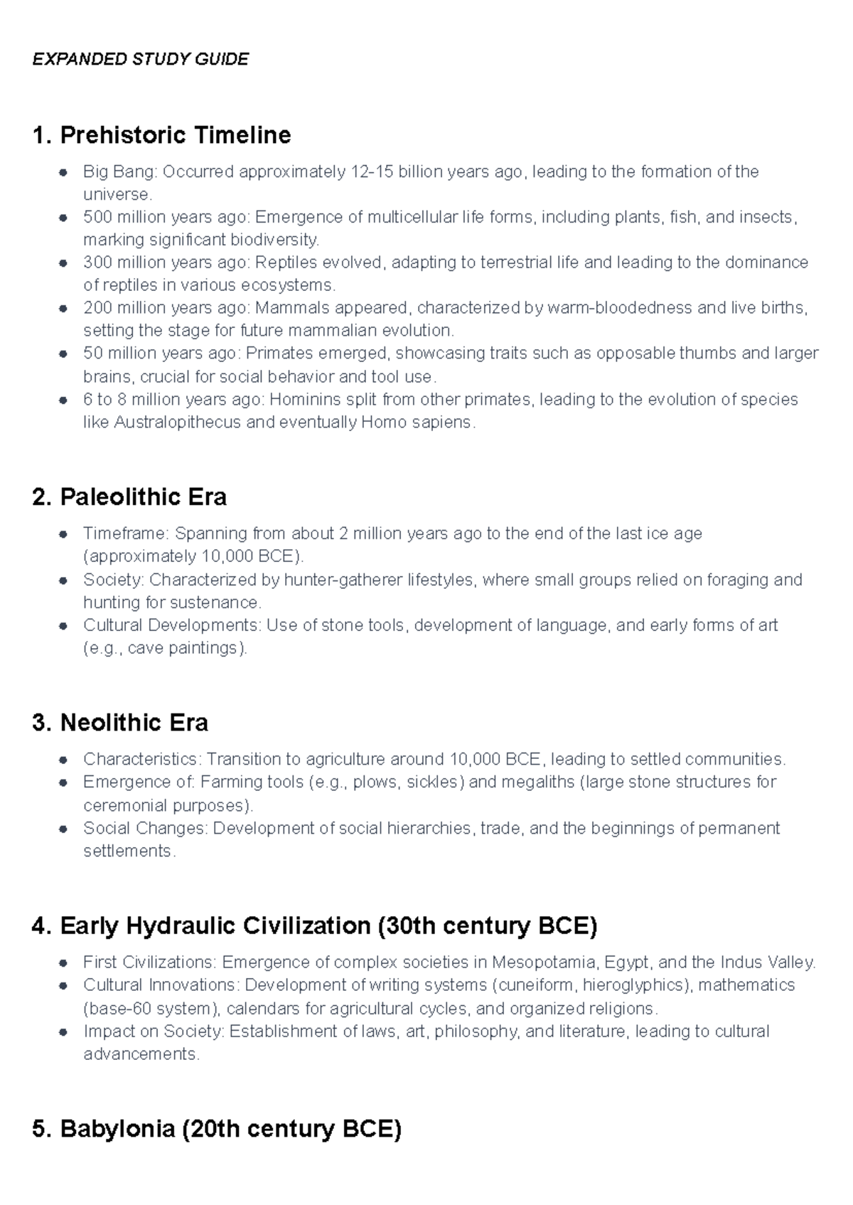 Study guide for history - EXPANDED STUDY GUIDE 1. Prehistoric Timeline ...