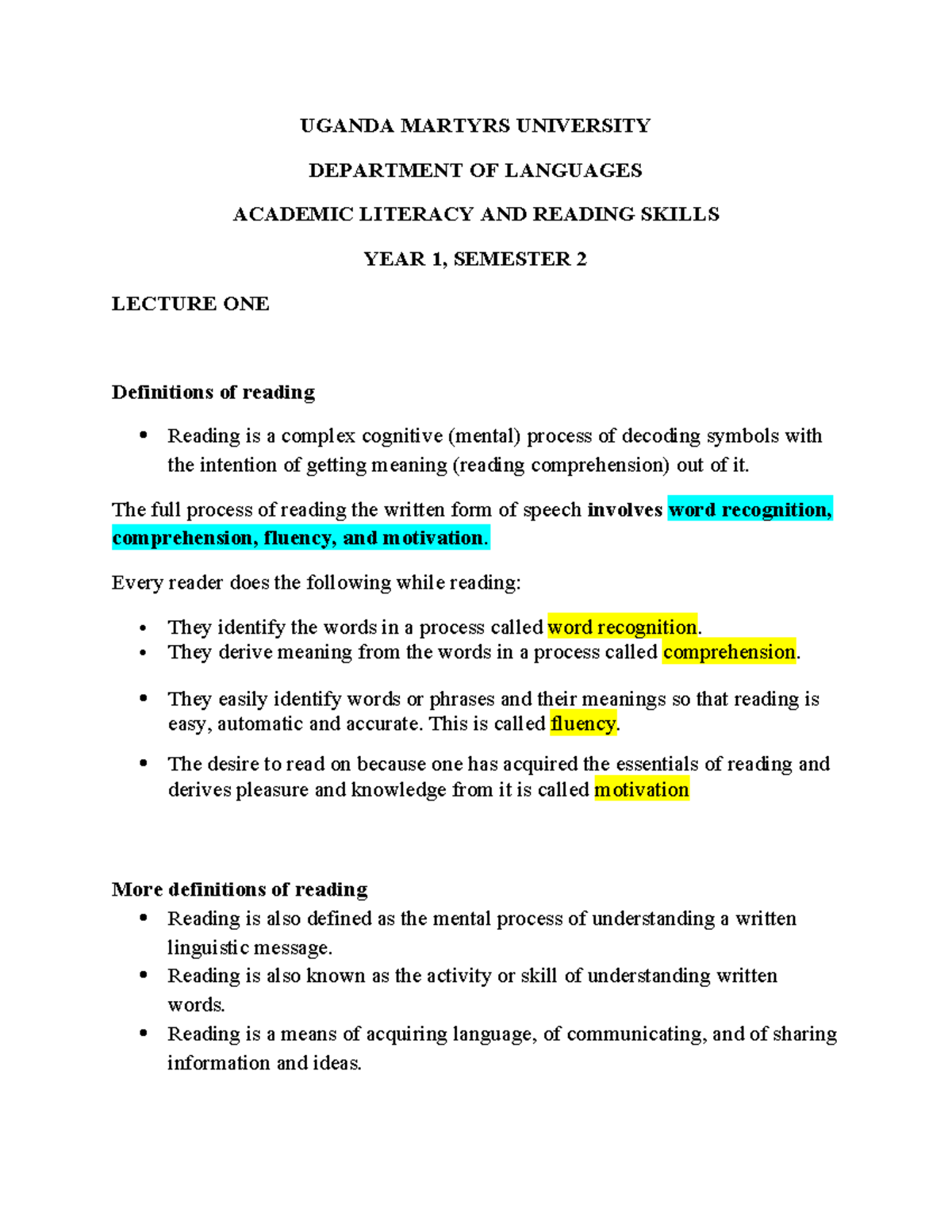 Academic Literacy 1: Understanding the Reading Process and Skills - Studocu