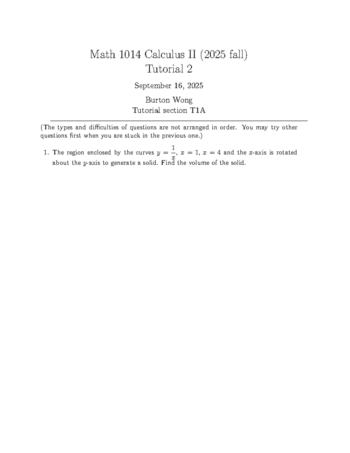 Math 1014 Calculus II Fall 2025 Tutorial 2 Solutions and Problems - Studocu