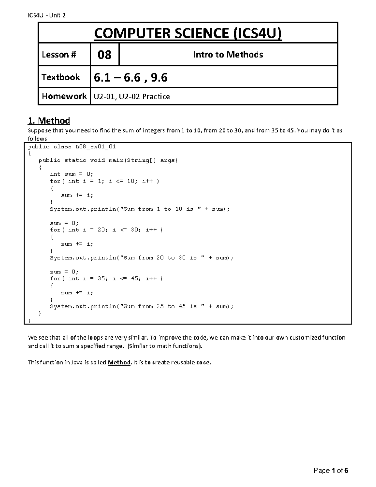 ICS4U Lesson 08: Understanding Methods and Code Reusability - Studocu