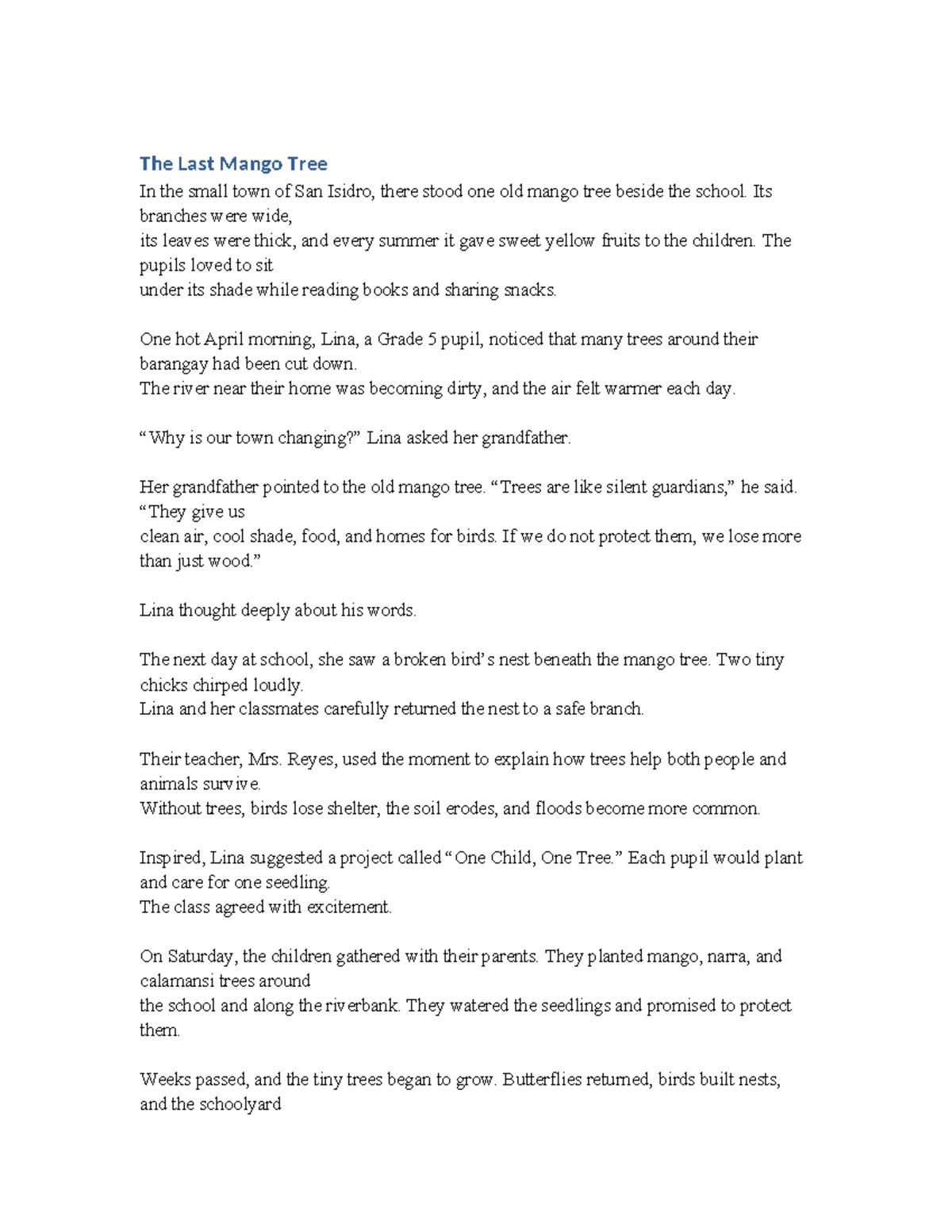 The Last Mango Tree: A Grade 5 Environmental Lesson Plan - Studocu