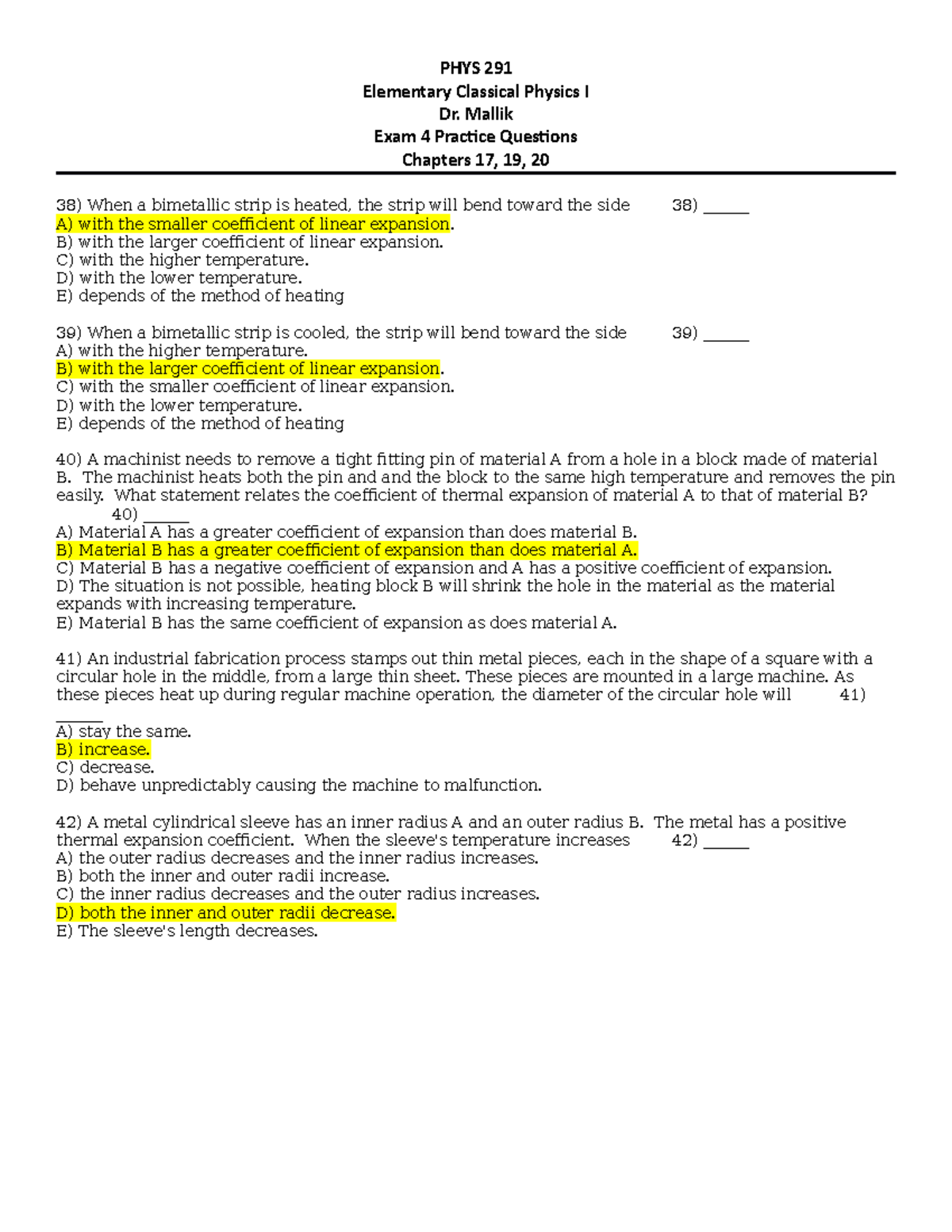 PHYS 291 Exam 4 Practice Questions: Chapters 17, 19, and 20 - Studocu