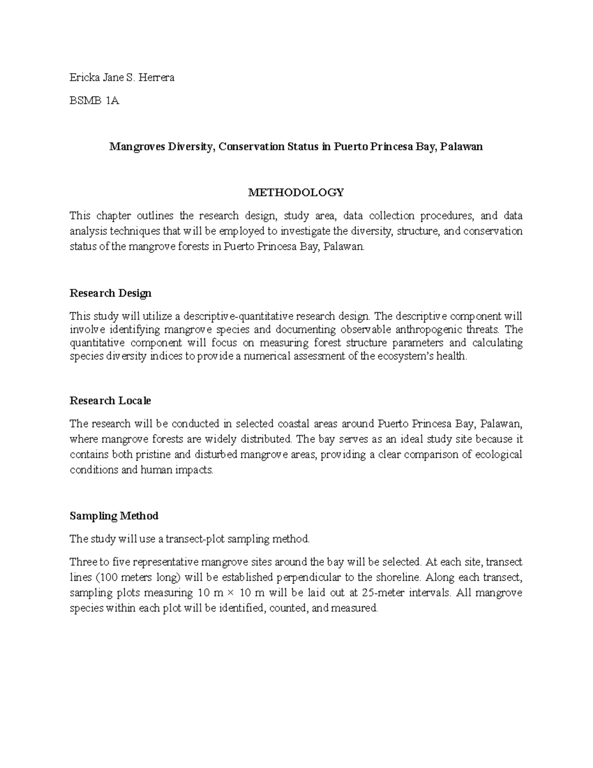 Methodology for BSMB 1A Study on Mangrove Diversity in Puerto Princesa ...