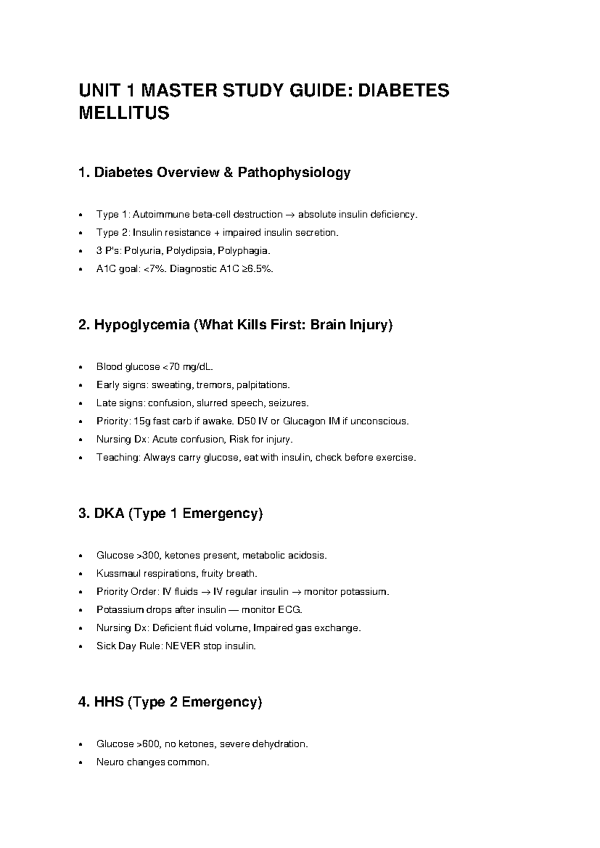 UNIT 1 MASTER STUDY GUIDE: DIABETES MELLITUS NOTES - Studocu