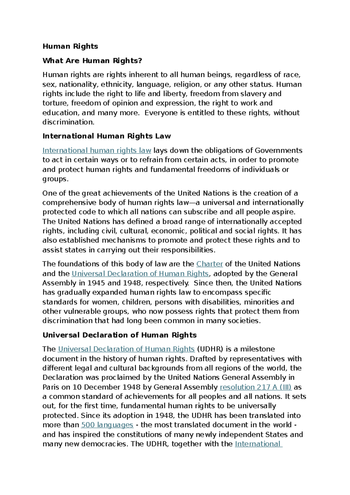 Human Rights Law Overview: Understanding Key Concepts and UDHR - Studocu