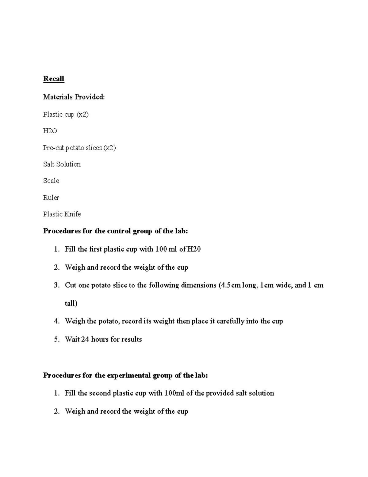 BIO101 Osmosis Potato Lab Experiment: Analyzing Water's Effect on Cells ...