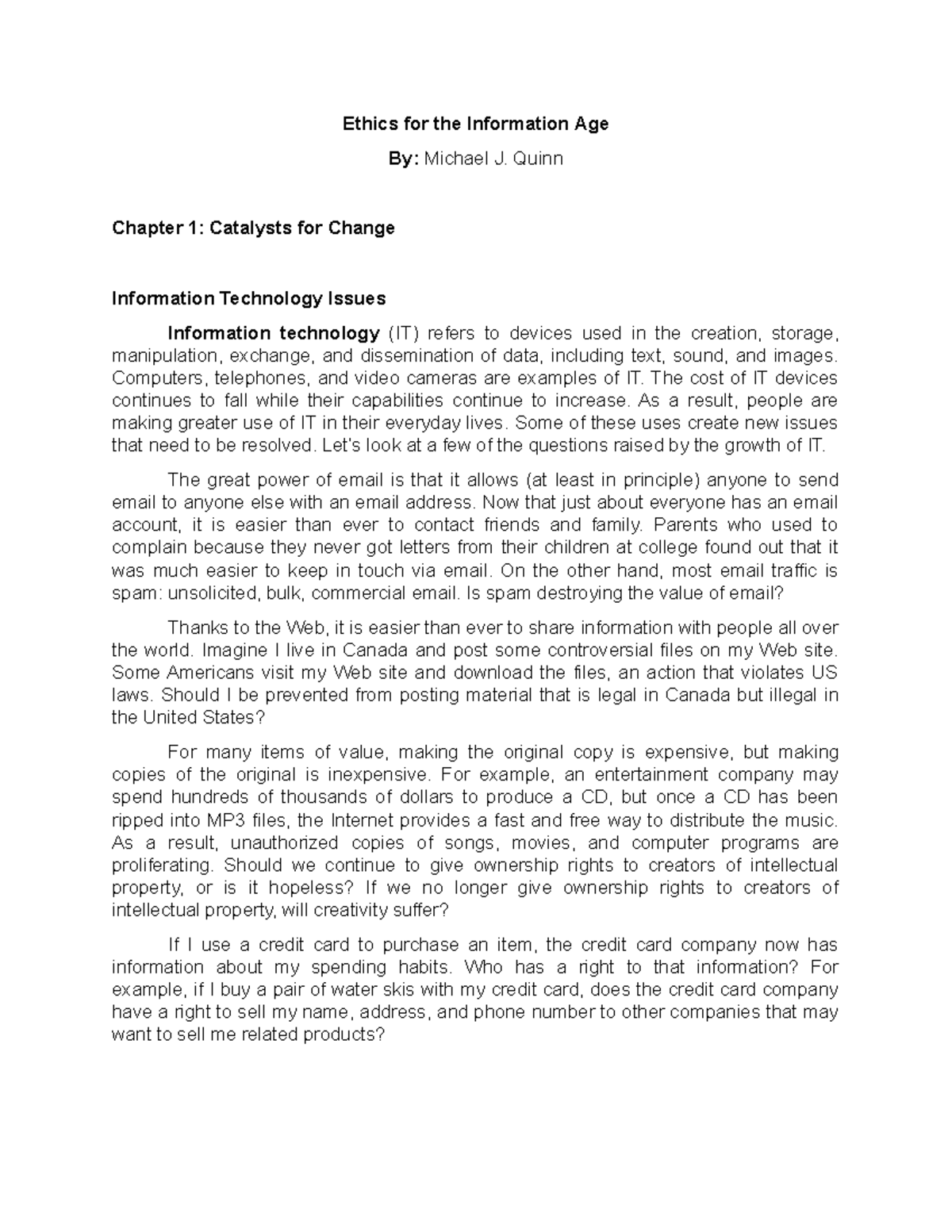 Chapter 1 Catalysts for Change Information Technology Issues - Ethics ...