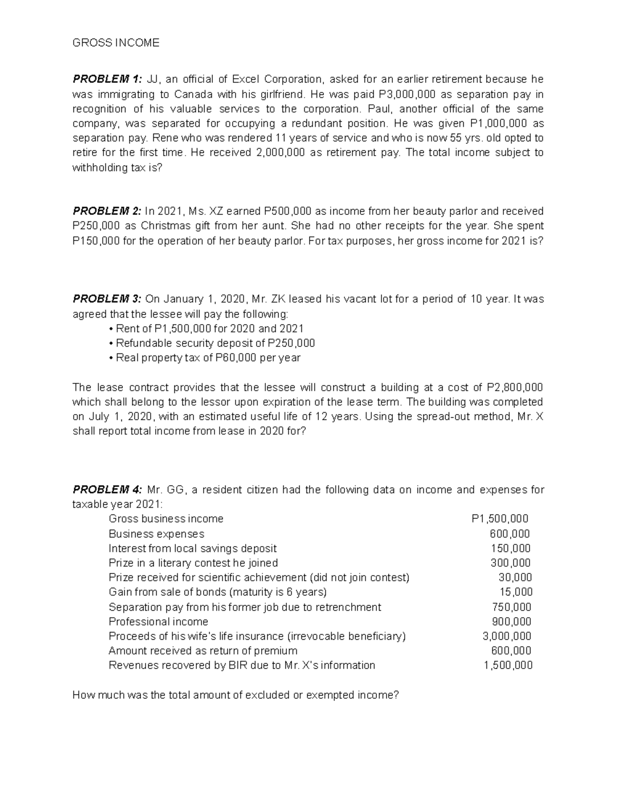 Gross Income Problems and Solutions - Taxation 101 - Studocu