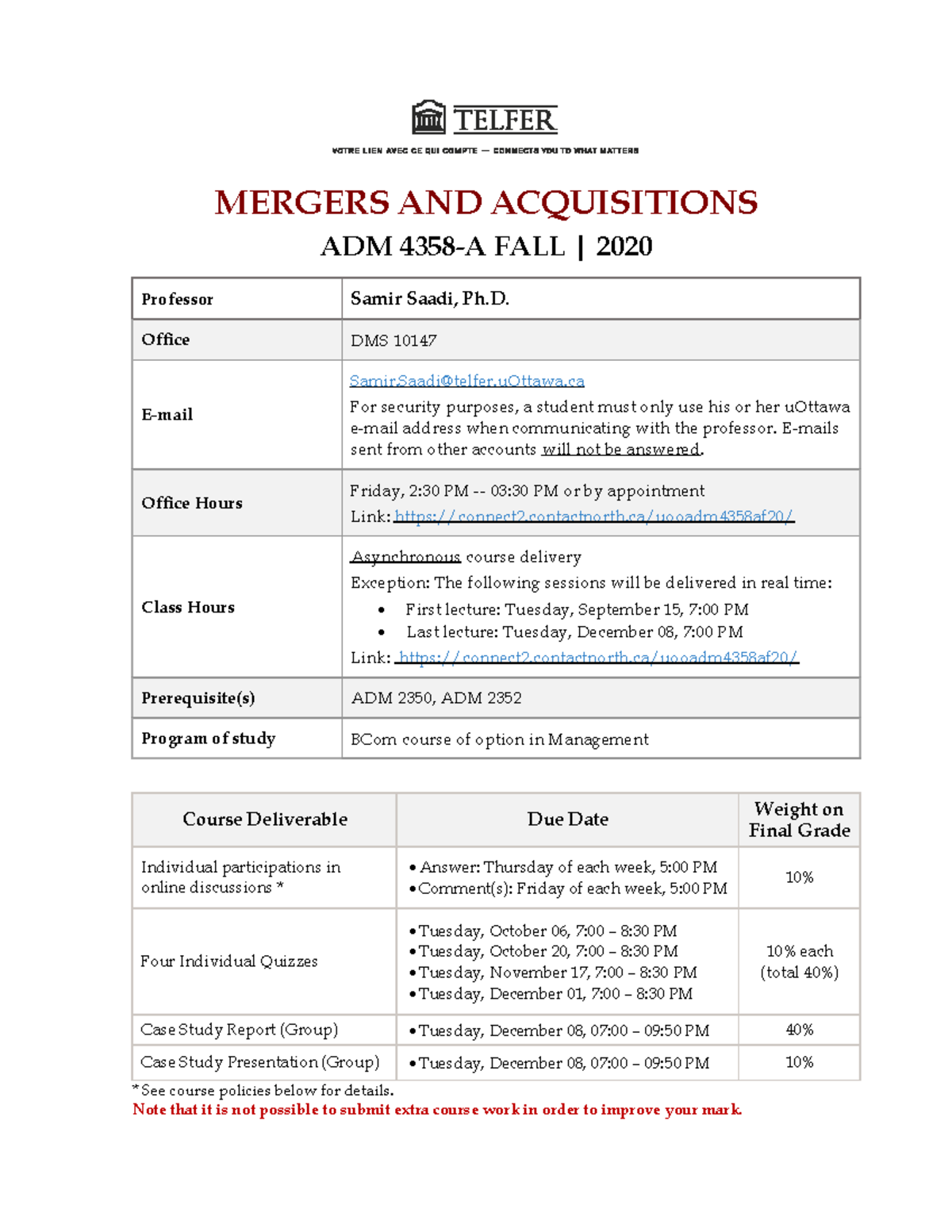ADM 4358-Fall 2020 Course Syllabus: Mergers and Acquisitions Overview ...