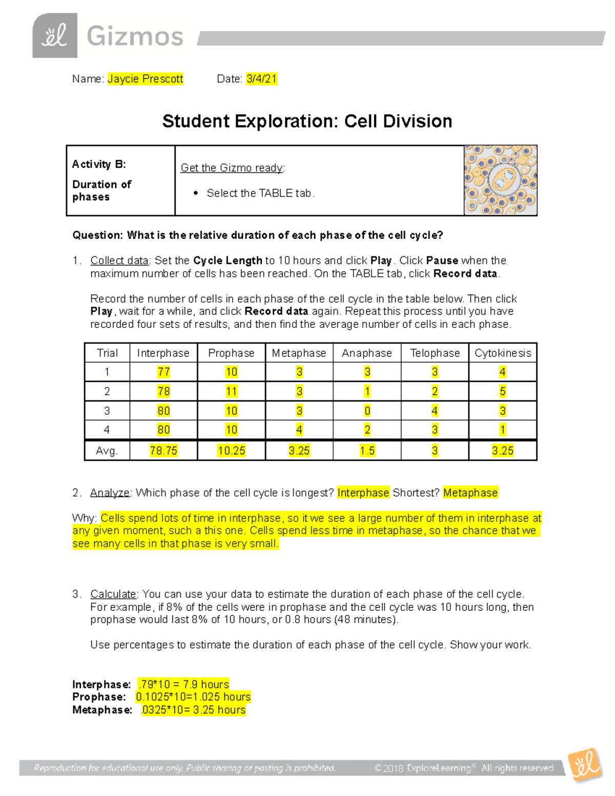 CELL Cycle Gizmo - Lab - 2018 Name: Jaycie Prescott Date: 3/4/ Student ...