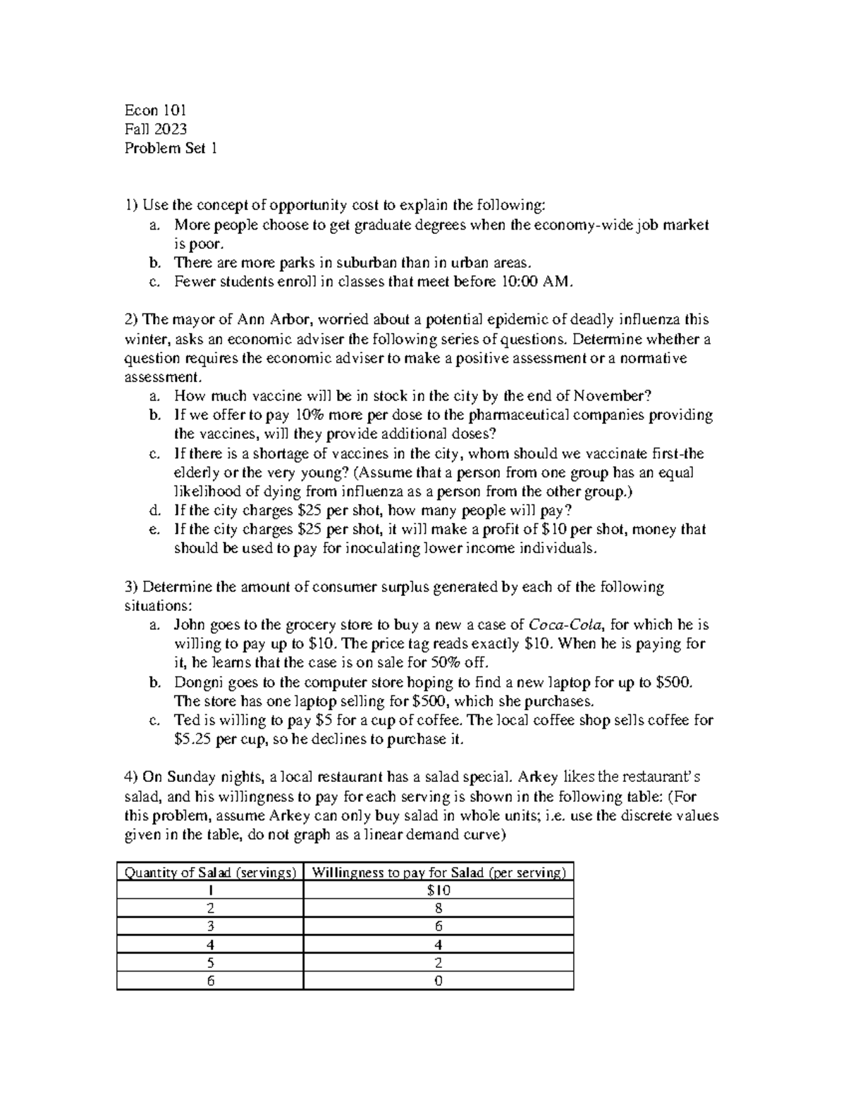PS1 - Econ 101 - Problem Set 1: Opportunity Cost & Consumer Surplus ...