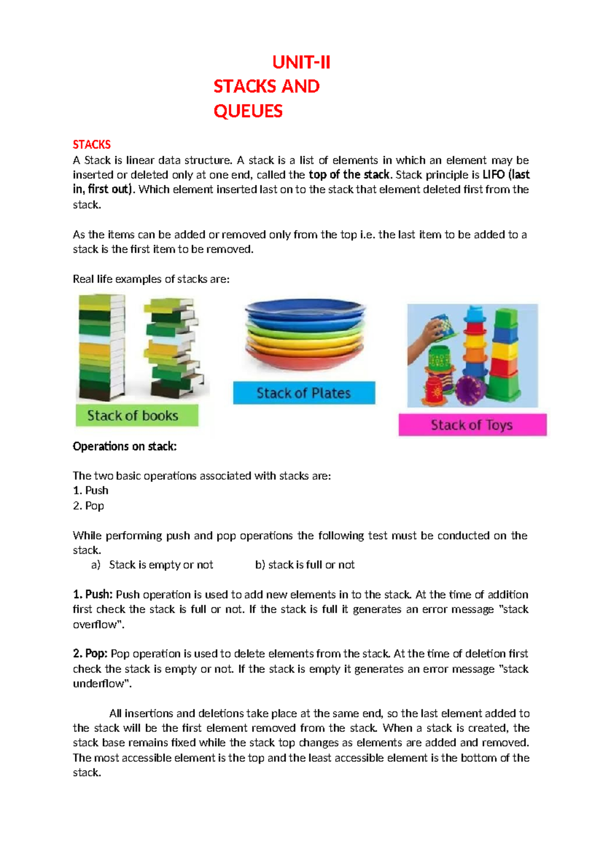 Unit-2: Data Structures - Stacks, Queues & Circular Queues Notes - Studocu