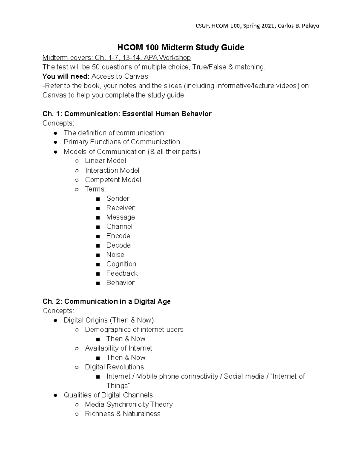 HCOM 100 Midterm Study Guide: Key Concepts from Ch. 1-7, 13-14 - Studocu
