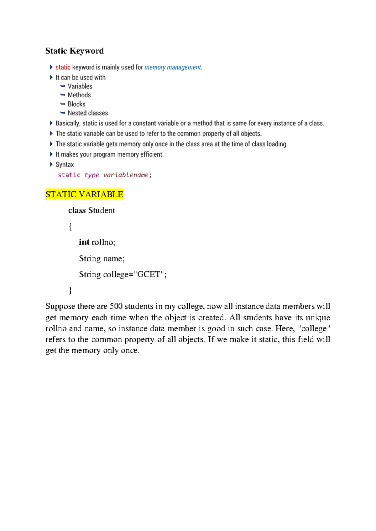 Java OOP Notes: Understanding Static Keyword and Variables - Studocu
