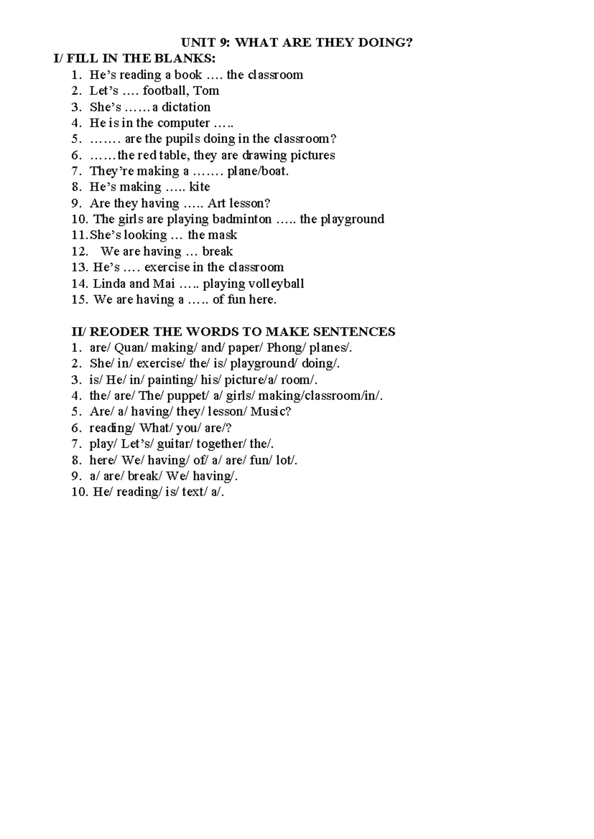 Unit 9 Grade 4 Practice Exercise: Fill in Blanks & Sentence ...