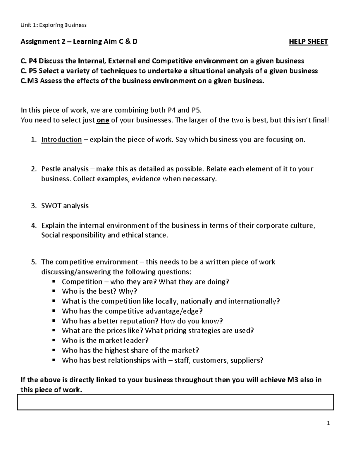 P4 P5 M3 HELPsheet - use this to help - Unit 1: Exploring Business 1 ...